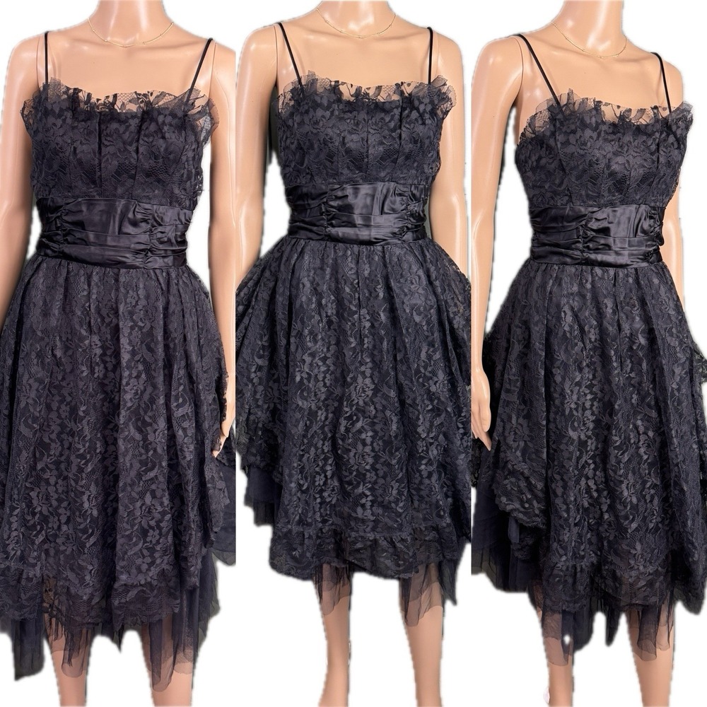 VTG New Leaf California by Samir Black Lace Tulle Tiered Dress Size 5/6 80s Rare